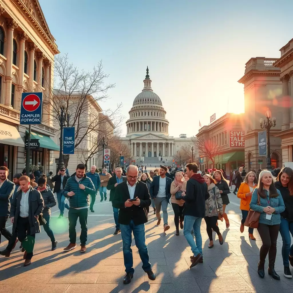 A vibrant urban scene in Washington, DC, showcasing the Capitol Building and the White House amidst a bustling crowd of diverse people engaging in discussions and using technology, capturing the city's dynamic energy and cultural trends.