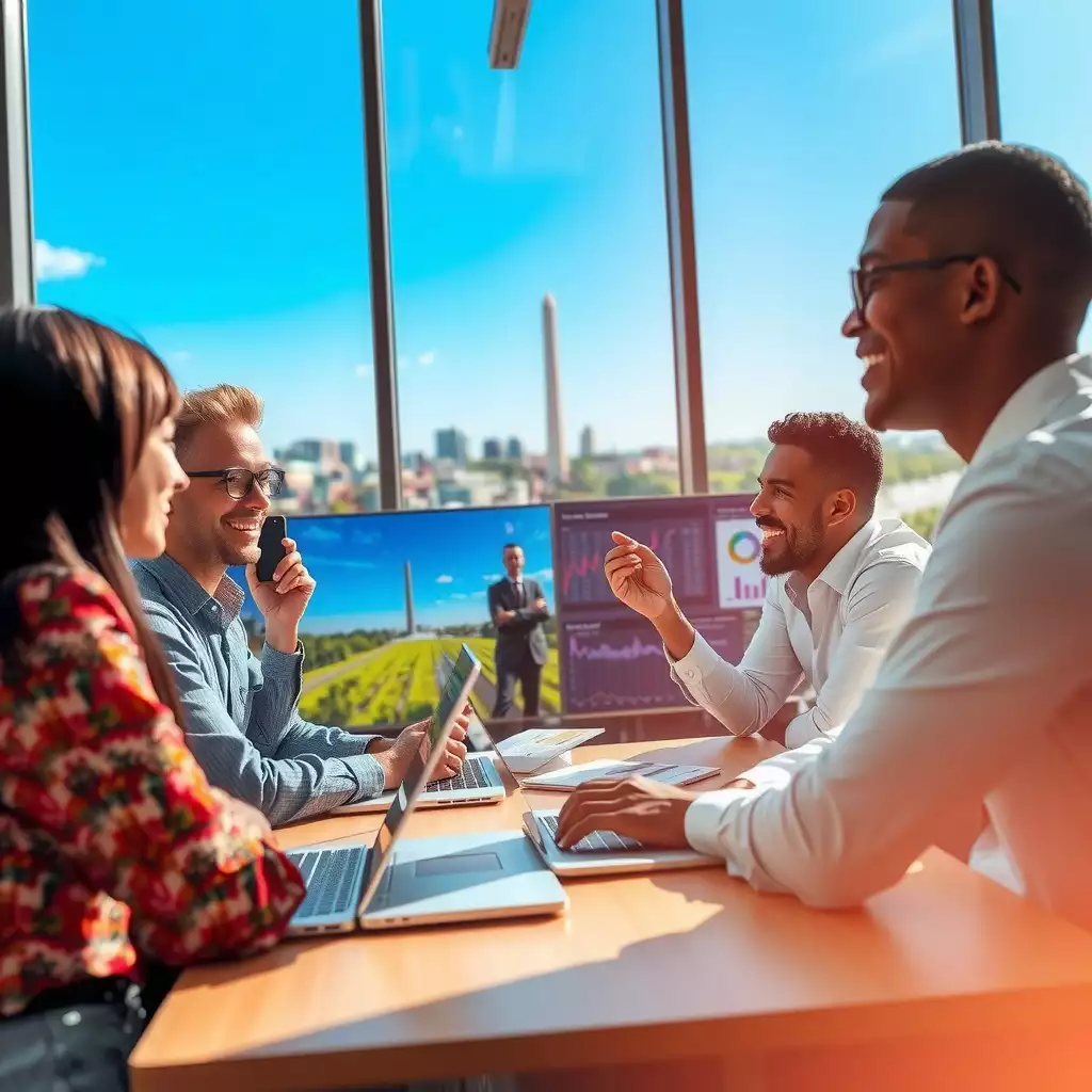 A vibrant office environment in Washington D.C. featuring diverse professionals collaborating around digital screens, with the iconic skyline visible through large windows, showcasing innovation and strategic planning.