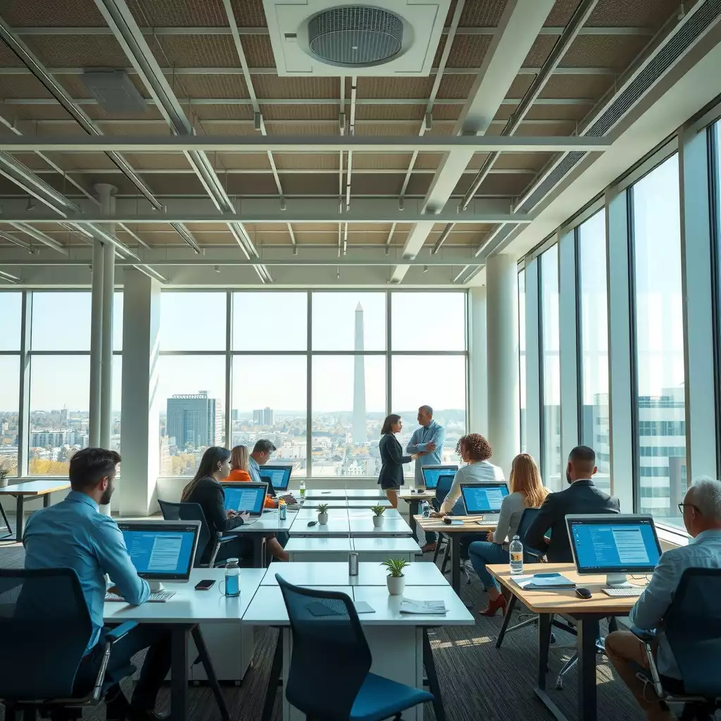 Modern office environment in Washington, D.C. featuring a spacious workspace with large windows, sleek desks, digital devices displaying onboarding forms, and diverse employees engaged in discussions.