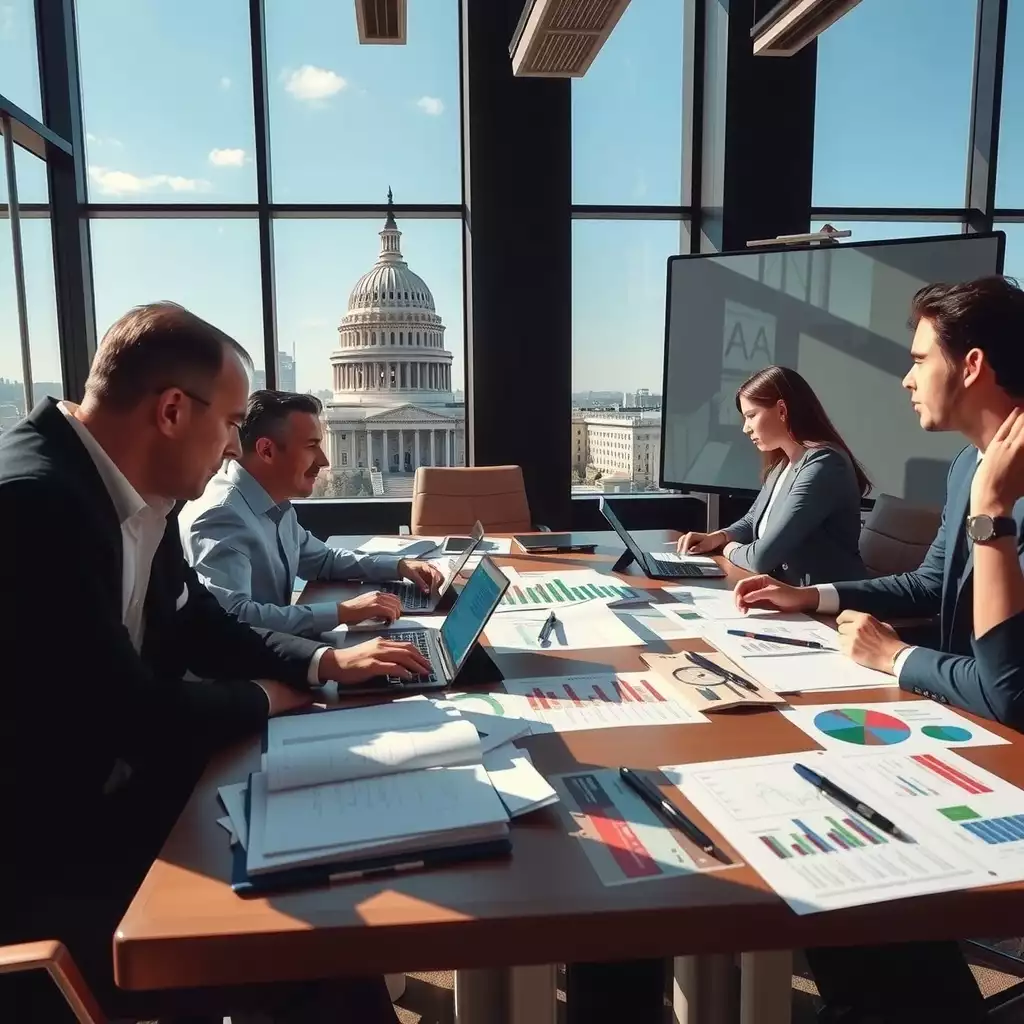 A busy government office scene with professionals collaborating around a table filled with documents and digital devices, featuring the Capitol building visible through the windows.