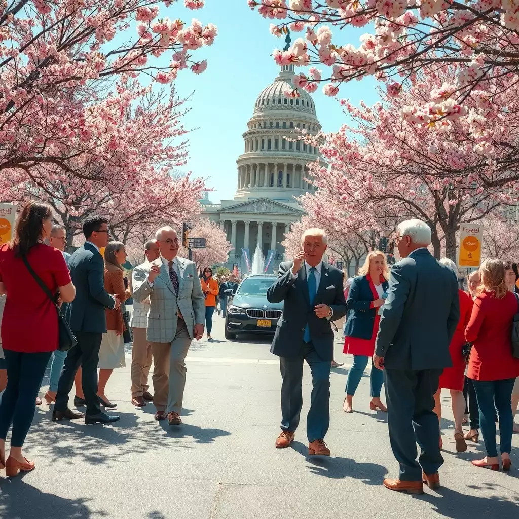 A vibrant scene in Washington, D.C., featuring key governmental buildings, engaged policymakers discussing proposals, and citizens interacting with representatives amidst blooming cherry blossoms, symbolizing renewal and collaboration.