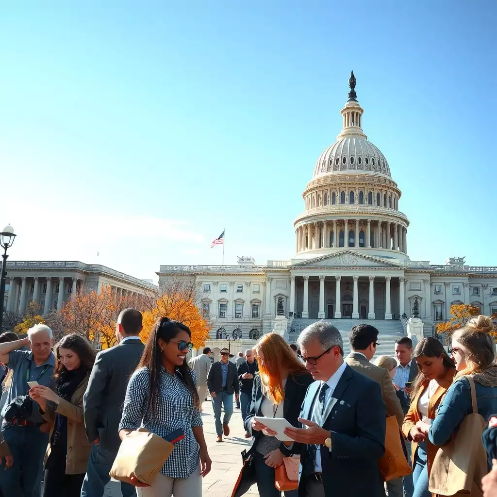 A vibrant scene in Washington D.C. featuring the U.S. Capitol building in the background, with diverse individuals engaged in discussions and using technology, highlighting themes of privacy and data protection.