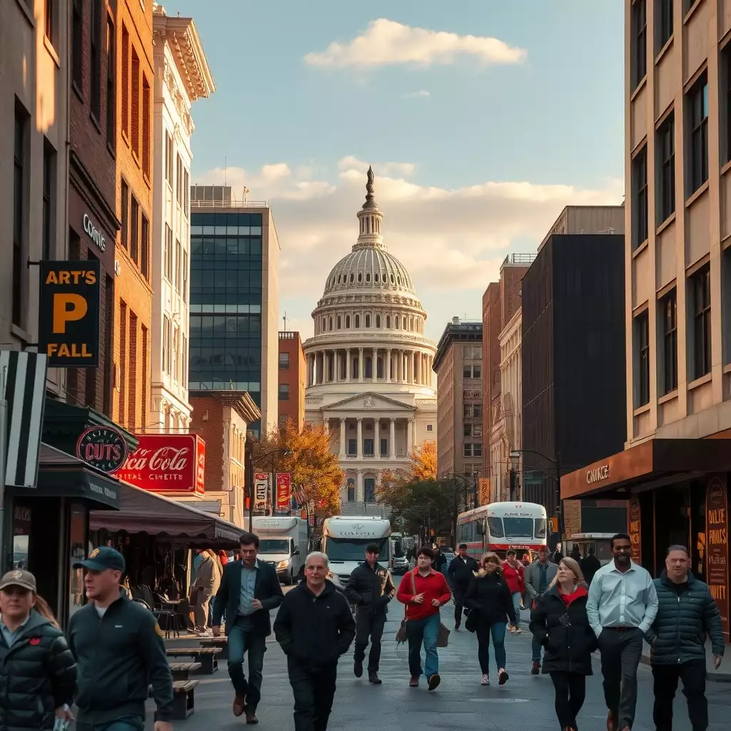 A vibrant urban scene in Washington, D.C., featuring iconic landmarks and bustling street life, capturing the dynamic atmosphere and economic activity of the city.