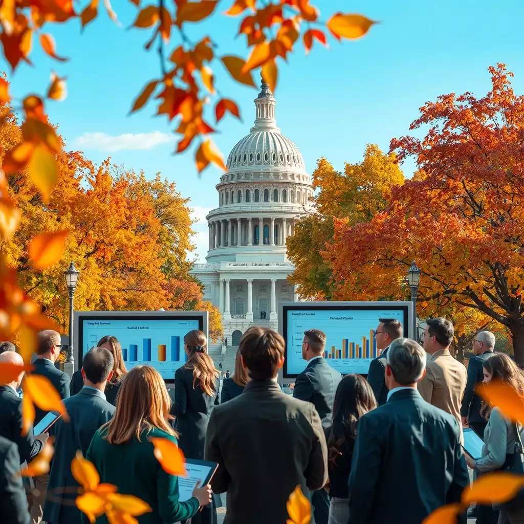 A collaborative scene in Washington DC featuring diverse professionals discussing project plans with digital screens, framed by colorful autumn leaves and iconic landmarks like the Capitol Building and Washington Monument.