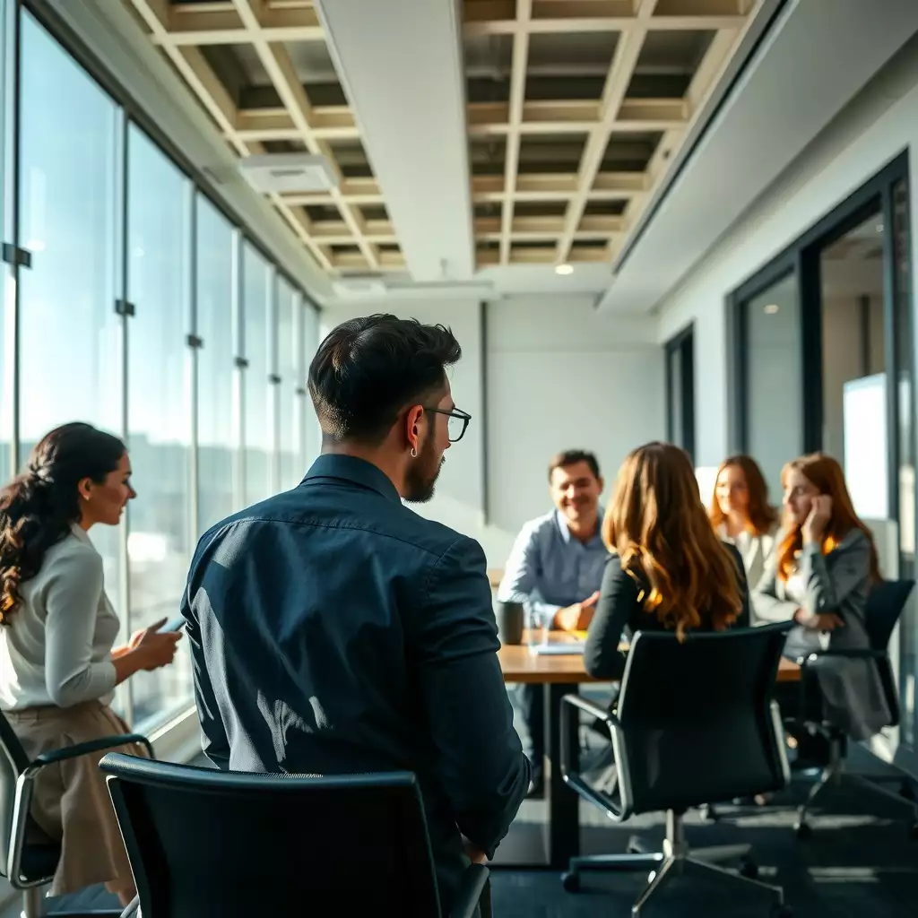A modern office setting in Washington DC, featuring diverse professionals engaged in discussion and collaboration, with elements reflecting the legal landscape of employment.