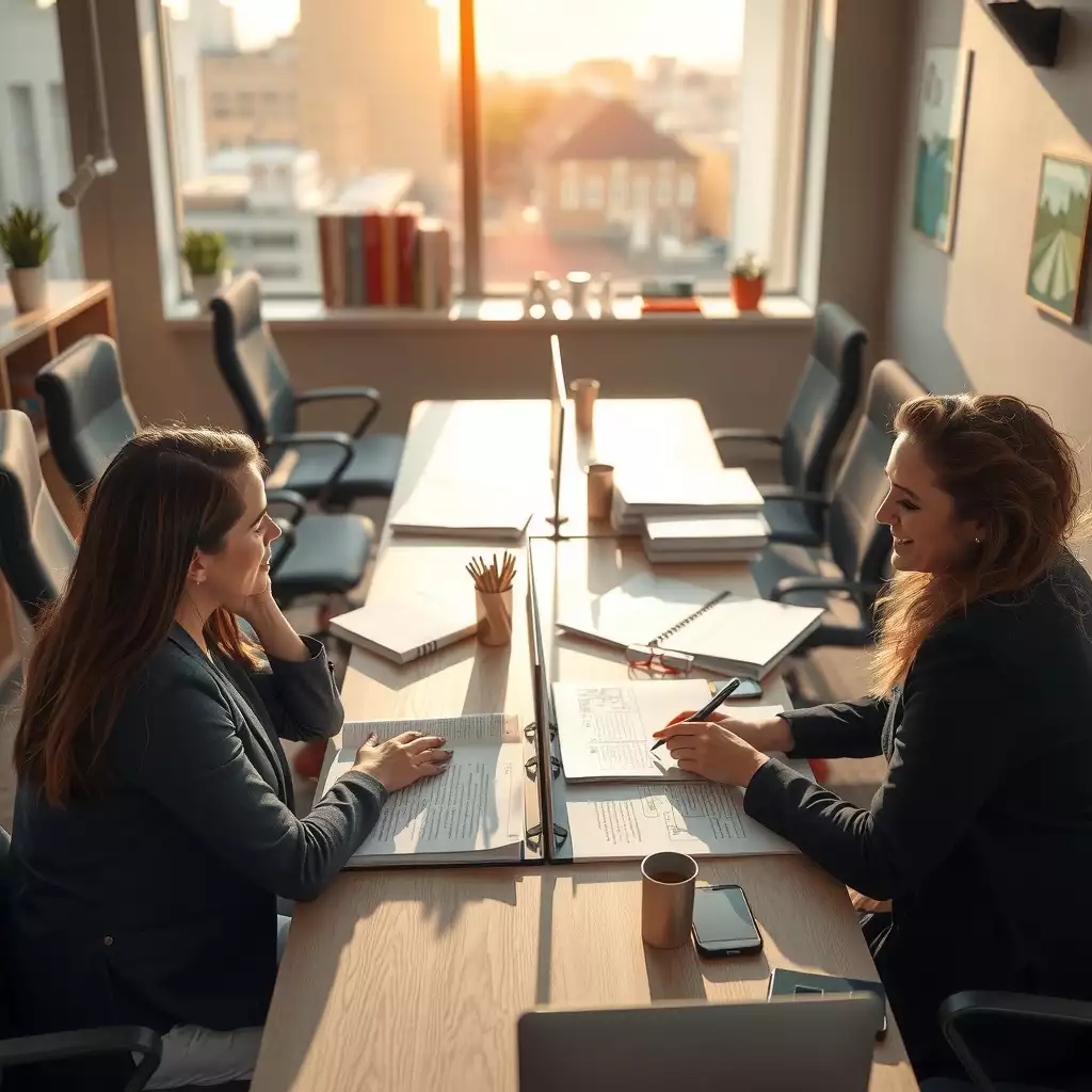 A professional office scene showcasing audit documentation, featuring organized workspaces, government documents, and collaboration among professionals, emphasizing diligence and accountability in public service.
