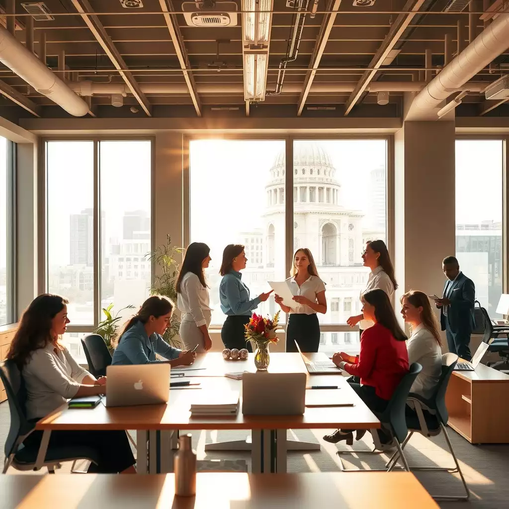 A vibrant office scene in Washington, D.C., showcasing diverse teams collaborating and engaging in discussions about audit safety culture, with natural light illuminating the workspace.