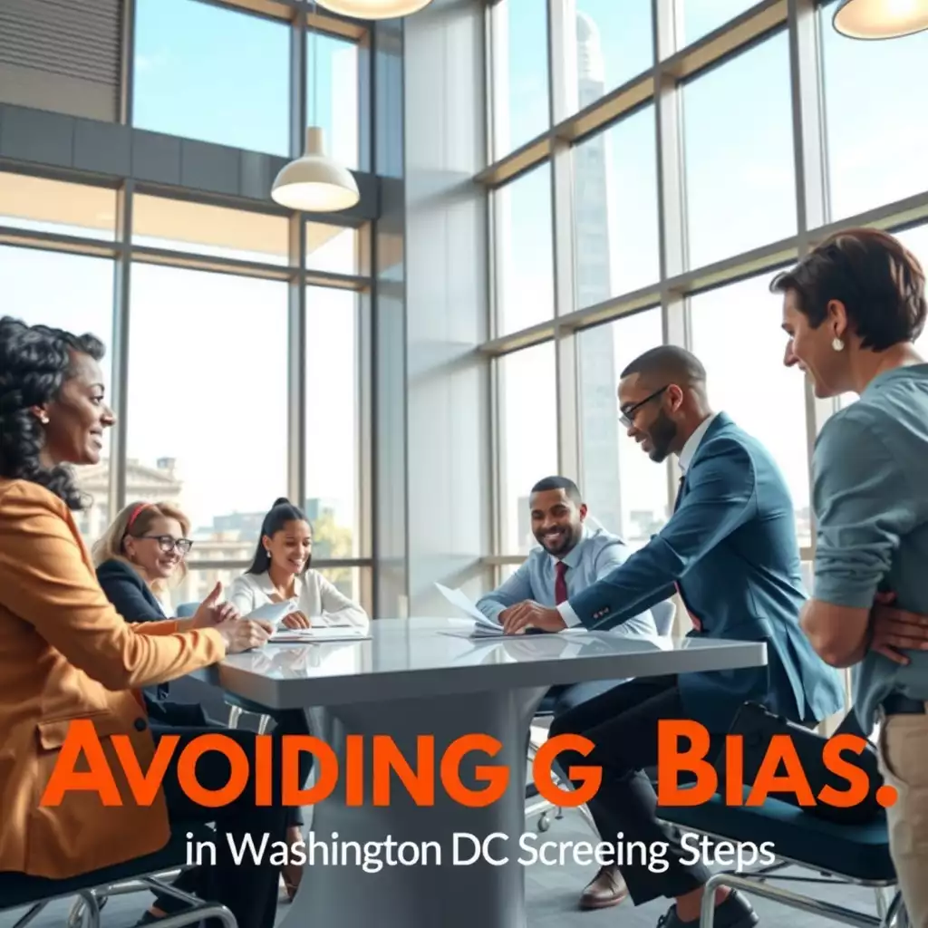 A diverse group of professionals engaged in collaborative discussions around a large table in a modern office setting, with elements of Washington DC visible through large windows, symbolizing transparency and inclusivity in decision-making.