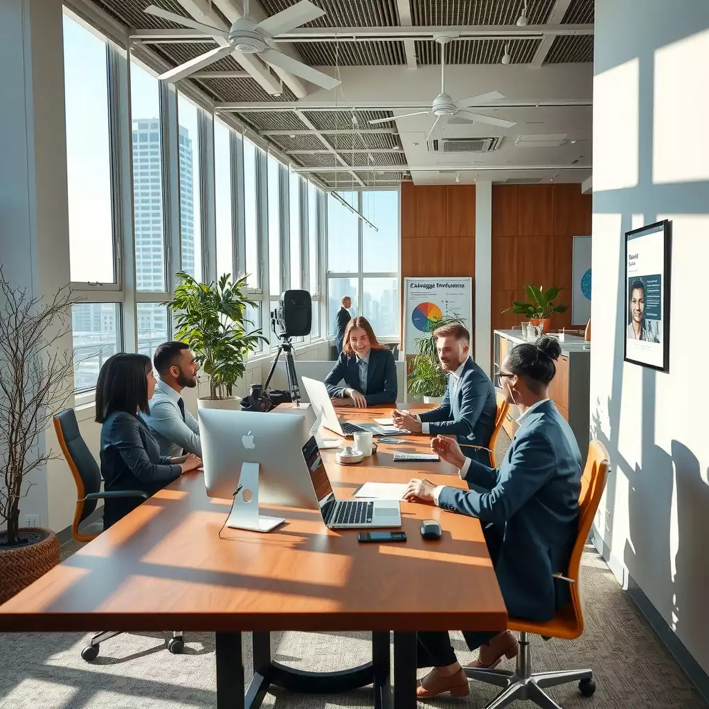 A modern office workspace in Washington DC featuring diverse professionals engaged in collaborative discussions, with elements of technology and innovation.