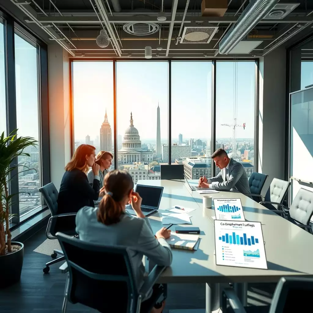 A modern office setting in Washington, D.C. with professionals discussing around a conference table, surrounded by digital devices and documents, featuring the city skyline through large windows.