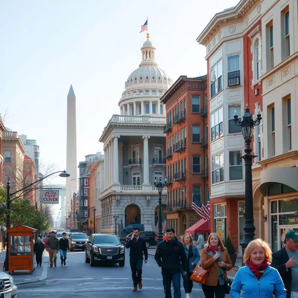 A vibrant real estate scene in Washington DC, featuring busy streets with prospective homebuyers, iconic architecture, and signs of market activity.
