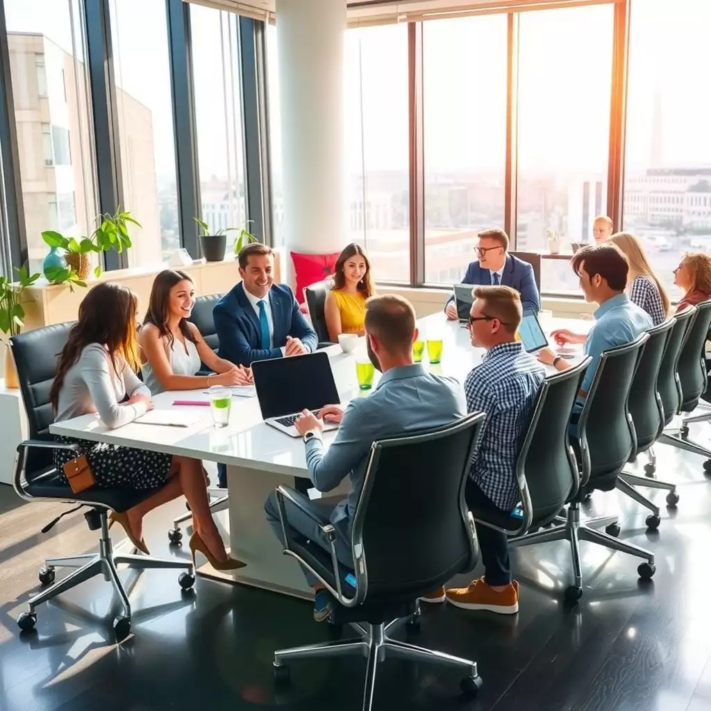 A diverse team of professionals collaborating around a modern conference table in a vibrant office environment, reflecting the energy and sophistication of Washington DC.