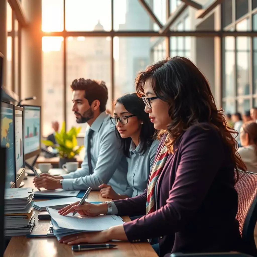 A modern office scene in Washington D.C. featuring diverse professionals engaged in discussions, analyzing data on digital screens, and surrounded by stacks of documents, all conveying a sense of urgency and meticulous attention to detail.