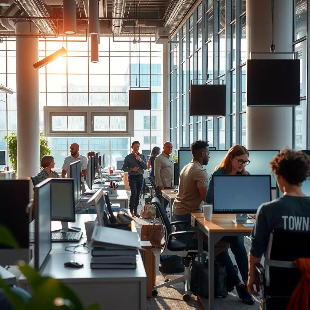 Dynamic workspace in Washington D.C. showcasing professionals collaborating in a modern corporate environment, highlighting diverse teams and innovative activities.