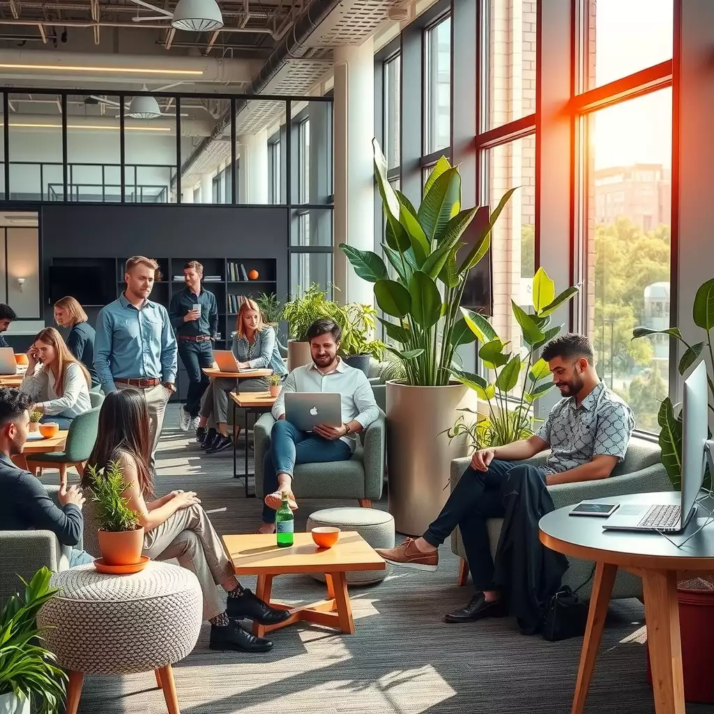 A vibrant office scene depicting employees enjoying breaks in a modern workplace, featuring a cozy lounge area with plants and large windows, showcasing conversations and moments of solitude that highlight work-life balance and employee well-being.