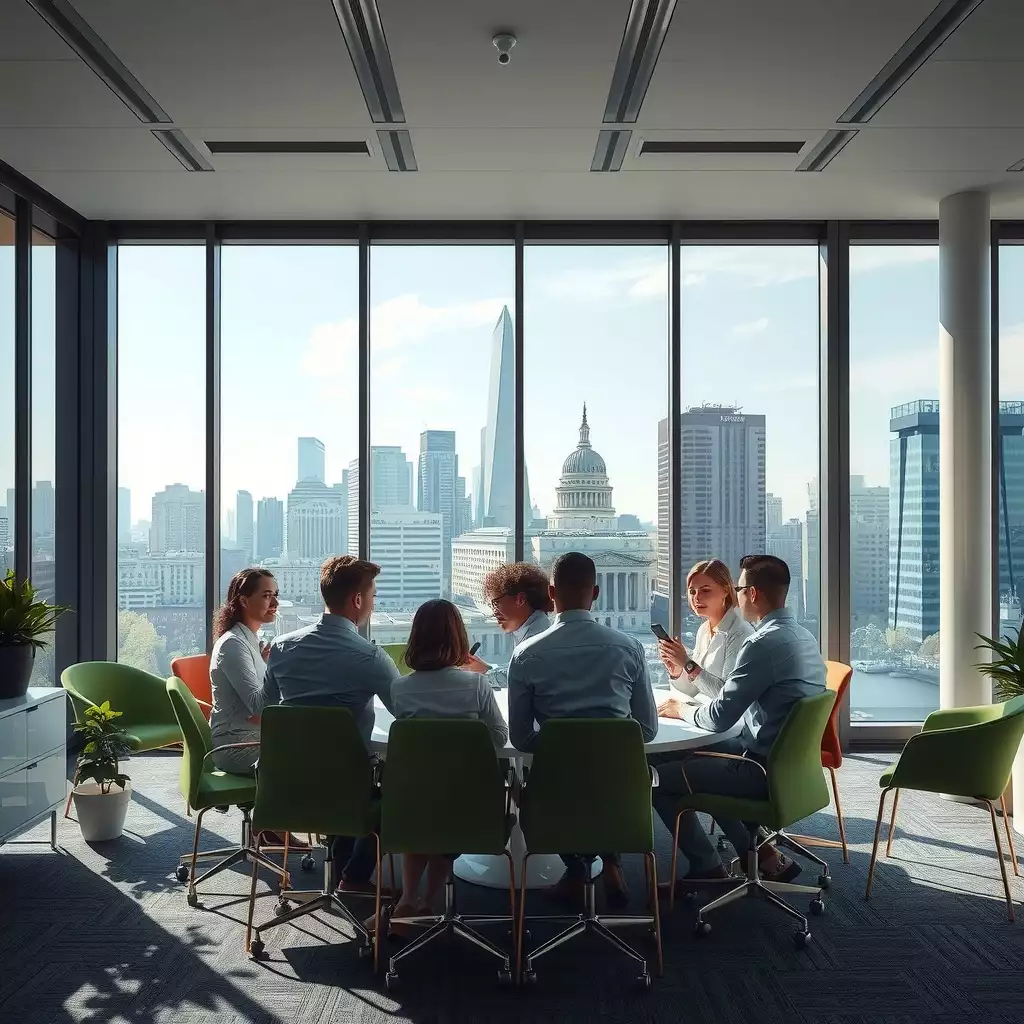 A vibrant office scene in Washington, DC, featuring professionals engaged in discussions around a conference table, with iconic landmarks visible through large windows.