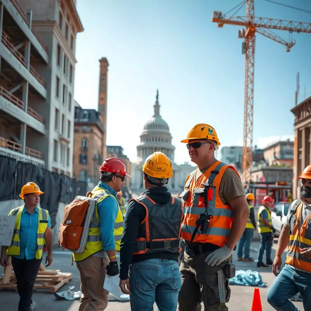 A busy construction site in Washington, D.C., featuring workers in personal protective equipment and clear safety signage amidst iconic architecture.