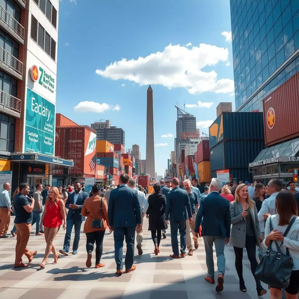 A vibrant scene of Washington DC showcasing professionals engaging in networking, iconic landmarks in the background, and elements highlighting various sourcing channels, all reflecting a dynamic business environment.