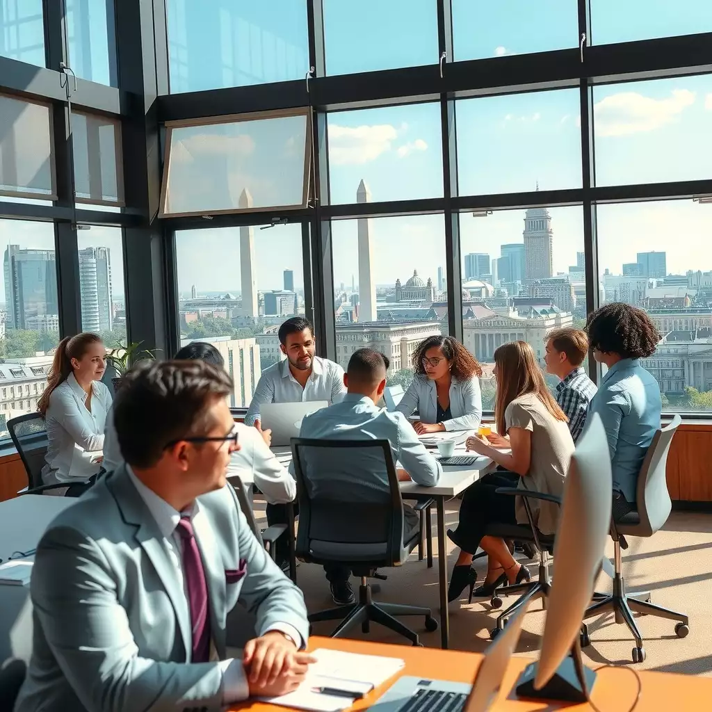 A vibrant office setting in Washington DC featuring diverse professionals engaged in discussions, with iconic landmarks visible through large windows, conveying a sense of collaboration and productivity.