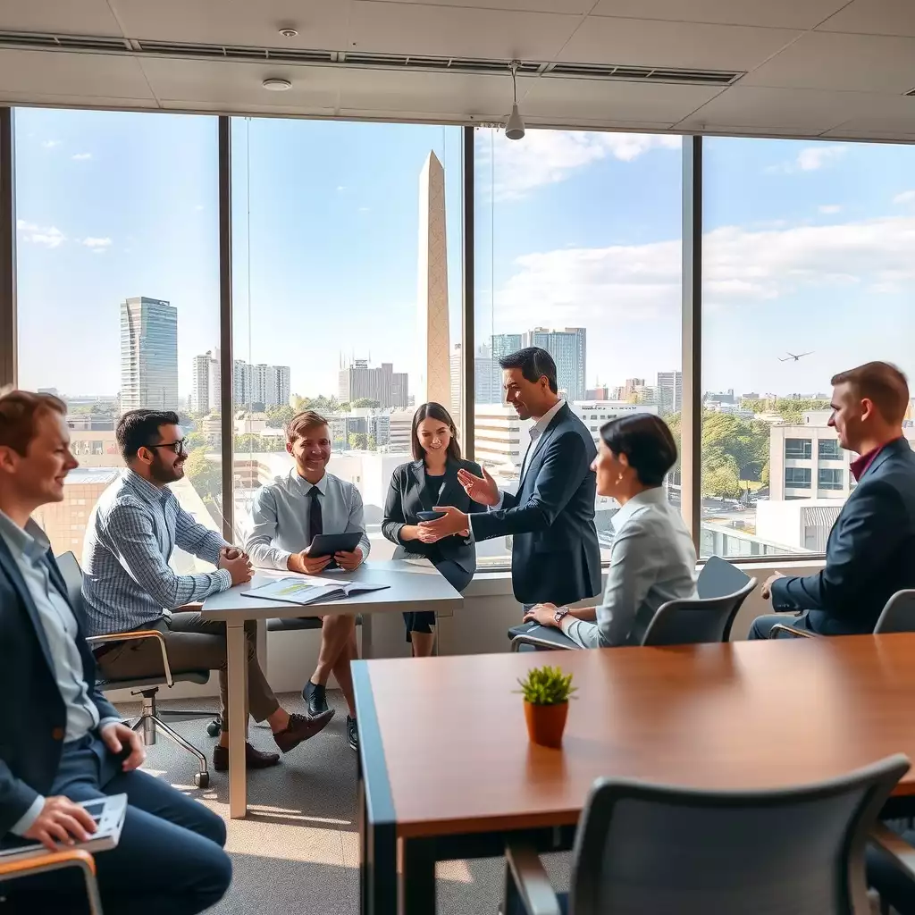 A modern office setting in Washington DC featuring diverse professionals engaged in collaboration, surrounded by technology and elements of the city skyline, conveying a sense of professionalism and opportunity.