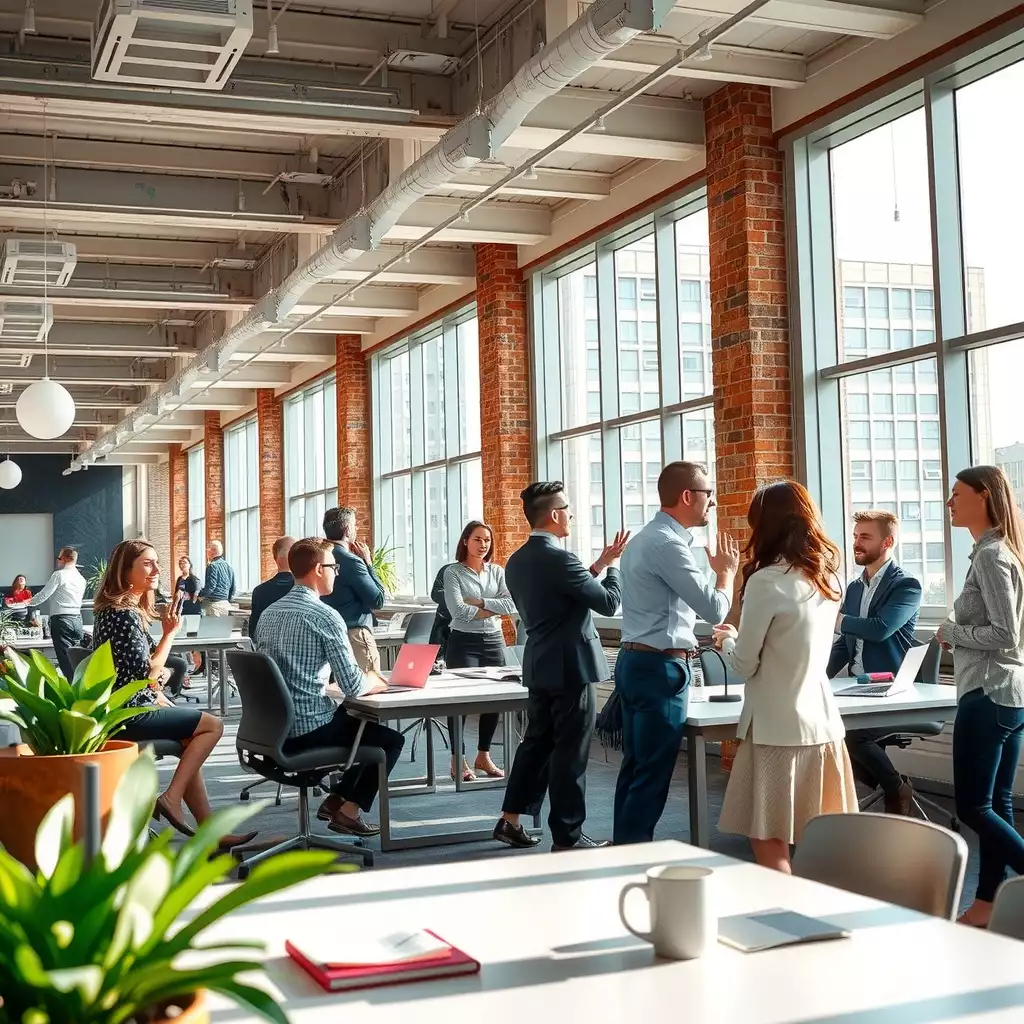 A vibrant workspace in Washington DC featuring diverse professionals engaged in collaborative discussions, with elements reflecting the city’s political and cultural landscape.