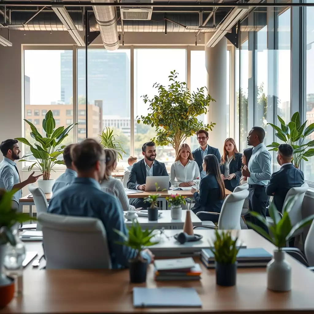 A vibrant modern office space in Washington DC, featuring diverse professionals collaborating amidst a backdrop of iconic architecture and greenery.