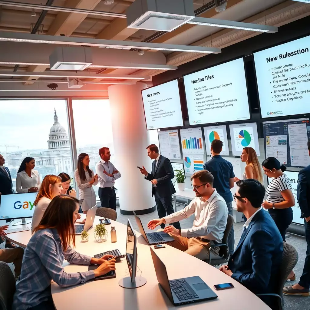 A vibrant office environment in Washington DC, featuring diverse professionals collaborating at modern workstations, discussing new guidelines, and engaging with digital tools, all infused with energy and teamwork.