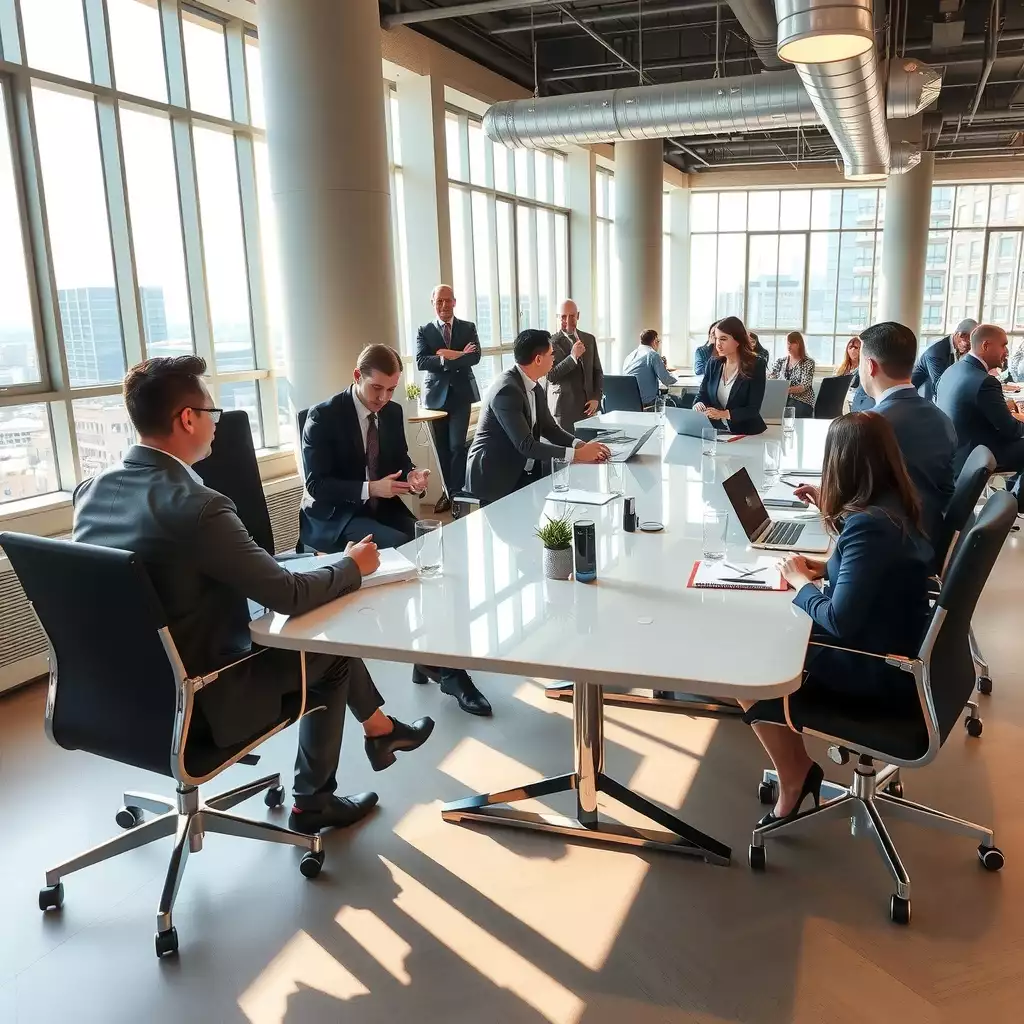 A dynamic office environment in Washington DC showcasing an in-house team collaborating at a conference table and agency professionals engaged in discussions, highlighting the contrast between work styles in a bustling urban setting.