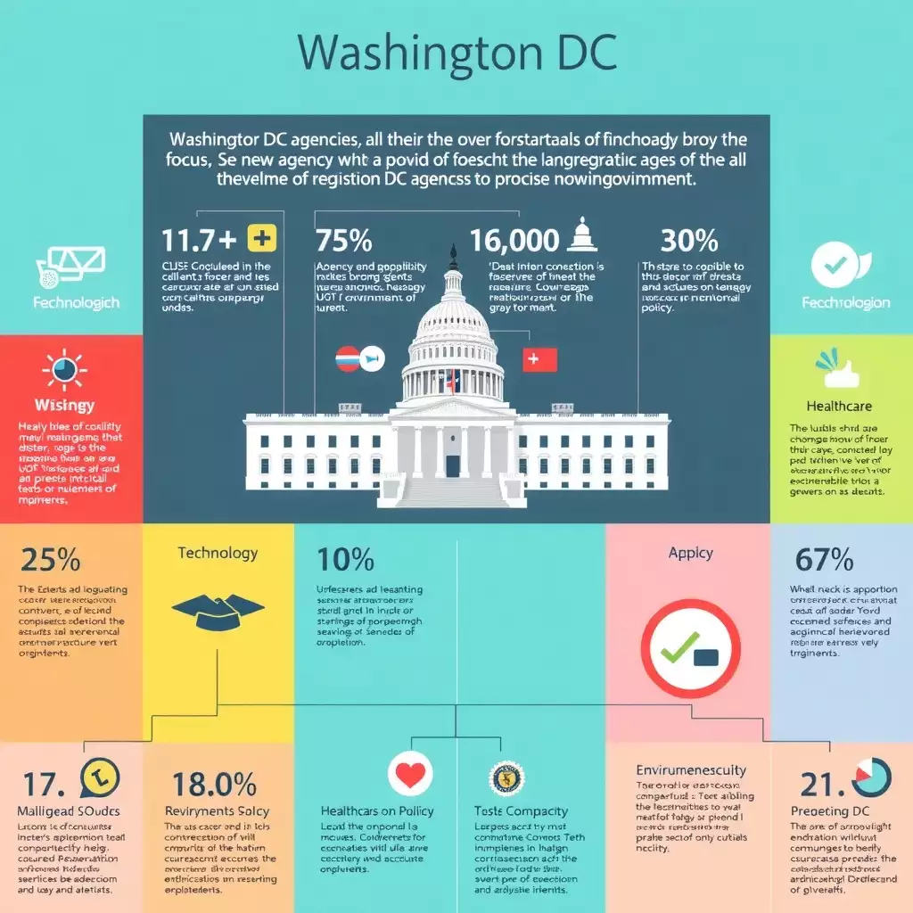 Infographic comparing Washington DC agencies by industry focus, featuring vibrant colors, icons, and charts to illustrate technology, healthcare, education, and environmental policy.