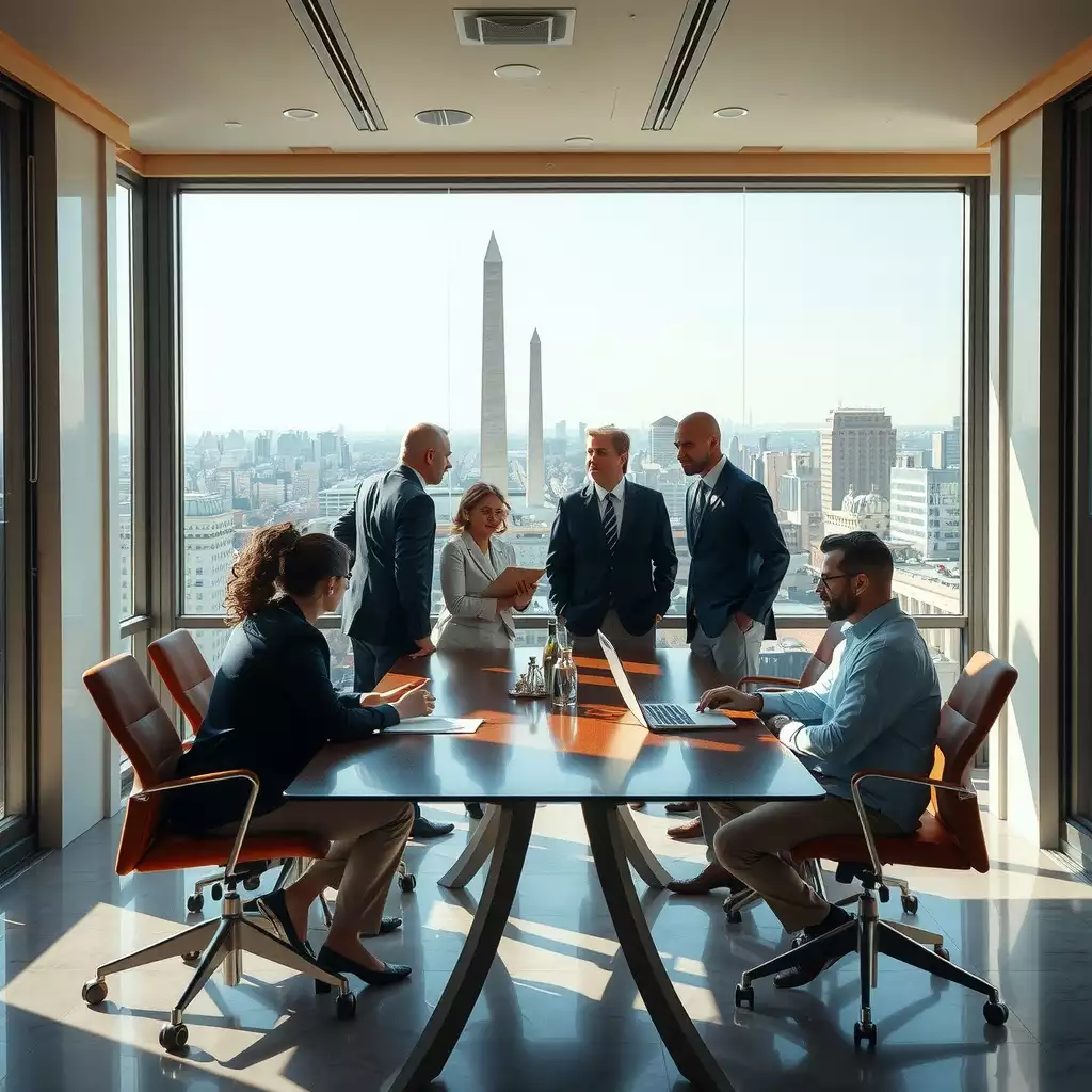 Diverse professionals collaborating around a modern conference table with iconic Washington DC landmarks visible through large windows, conveying teamwork and strategic decision-making.