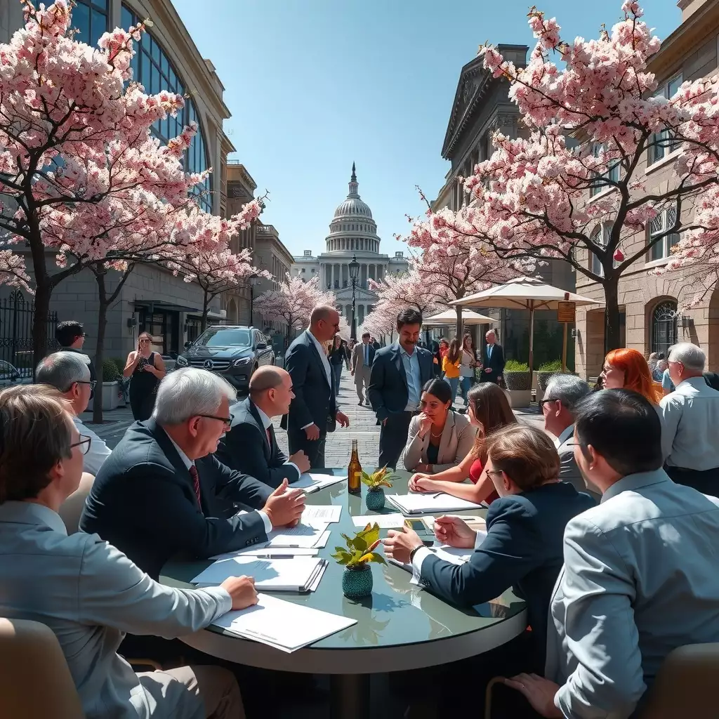 A diverse group of professionals engaged in a collaborative discussion around a roundtable, surrounded by cherry blossoms and iconic D.C. landmarks, with charts and documents symbolizing public policy and regulatory processes.