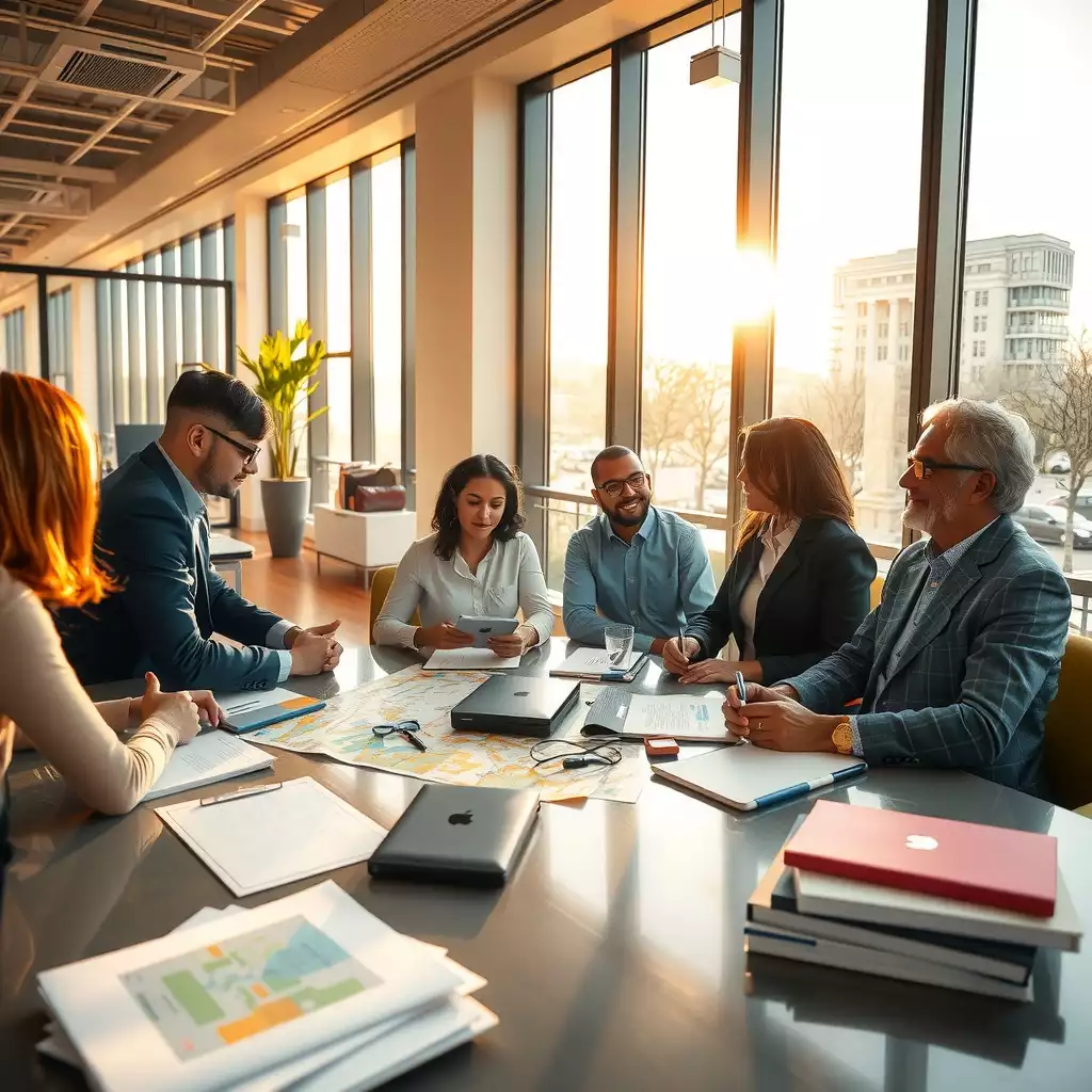 A vibrant modern office scene in Washington, D.C., featuring professionals engaged in discussions, surrounded by maps, documents, and digital devices, conveying collaboration and opportunity.