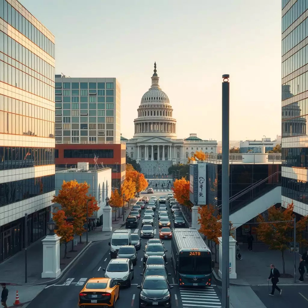 A vibrant tech hub in Washington, DC, featuring a blend of iconic landmarks and modern coworking spaces, illustrating innovation and connectivity in an urban landscape.