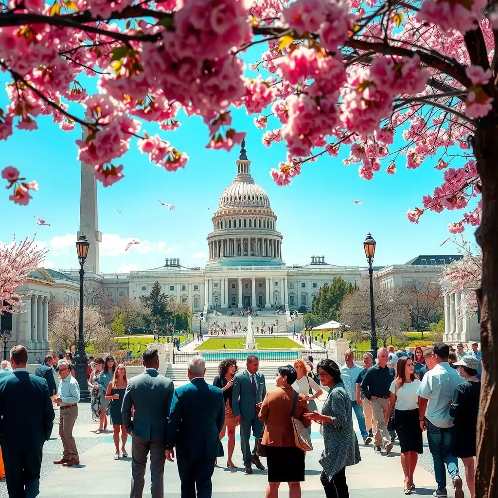 A vibrant scene of Washington DC agencies collaborating, featuring iconic landmarks like the Capitol and the White House, framed by cherry blossoms and a diverse group of professionals engaged in discussions.