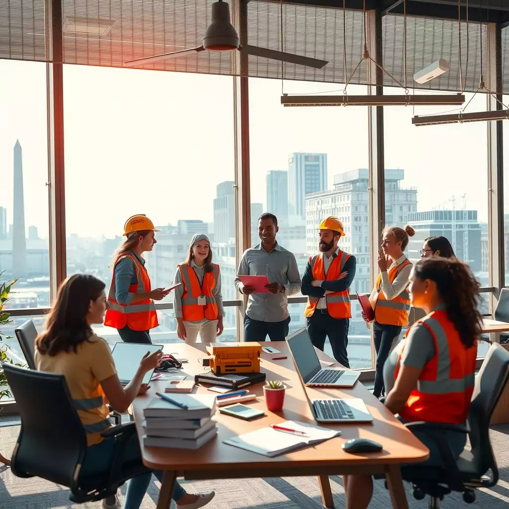 A diverse team collaborates in a modern office overlooking Washington, D.C. landmarks, discussing OSHA compliance with safety documents and digital tools.