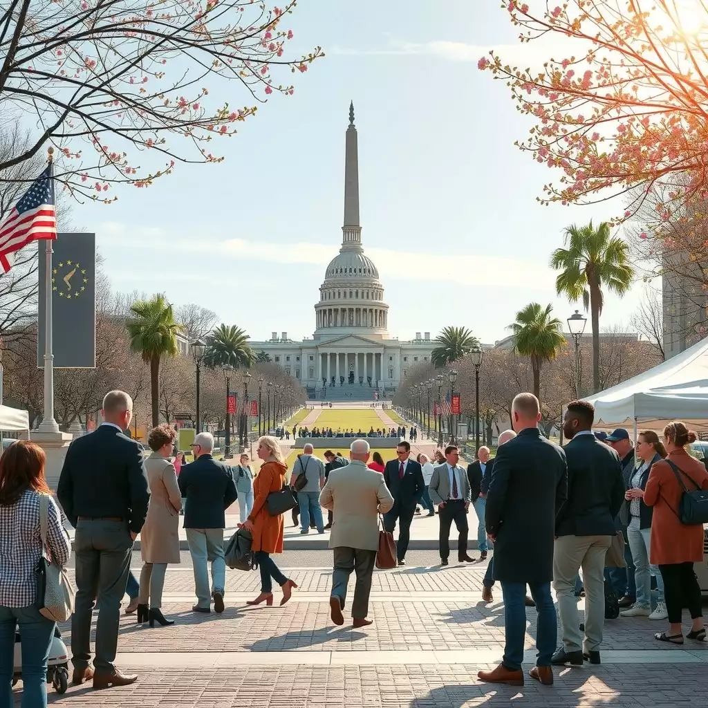 A vibrant scene in Washington DC featuring representatives from various city agencies engaged in collaborative discussions, with iconic landmarks in the background, highlighting urban planning and community involvement.