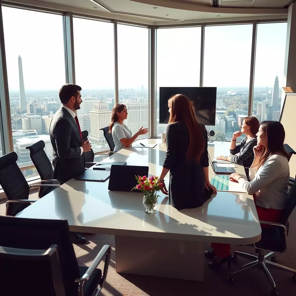 A diverse group of professionals engaged in a dynamic discussion around a modern conference table in a sleek Washington D.C. office, with large windows showcasing the city skyline and advanced technology tools visible.