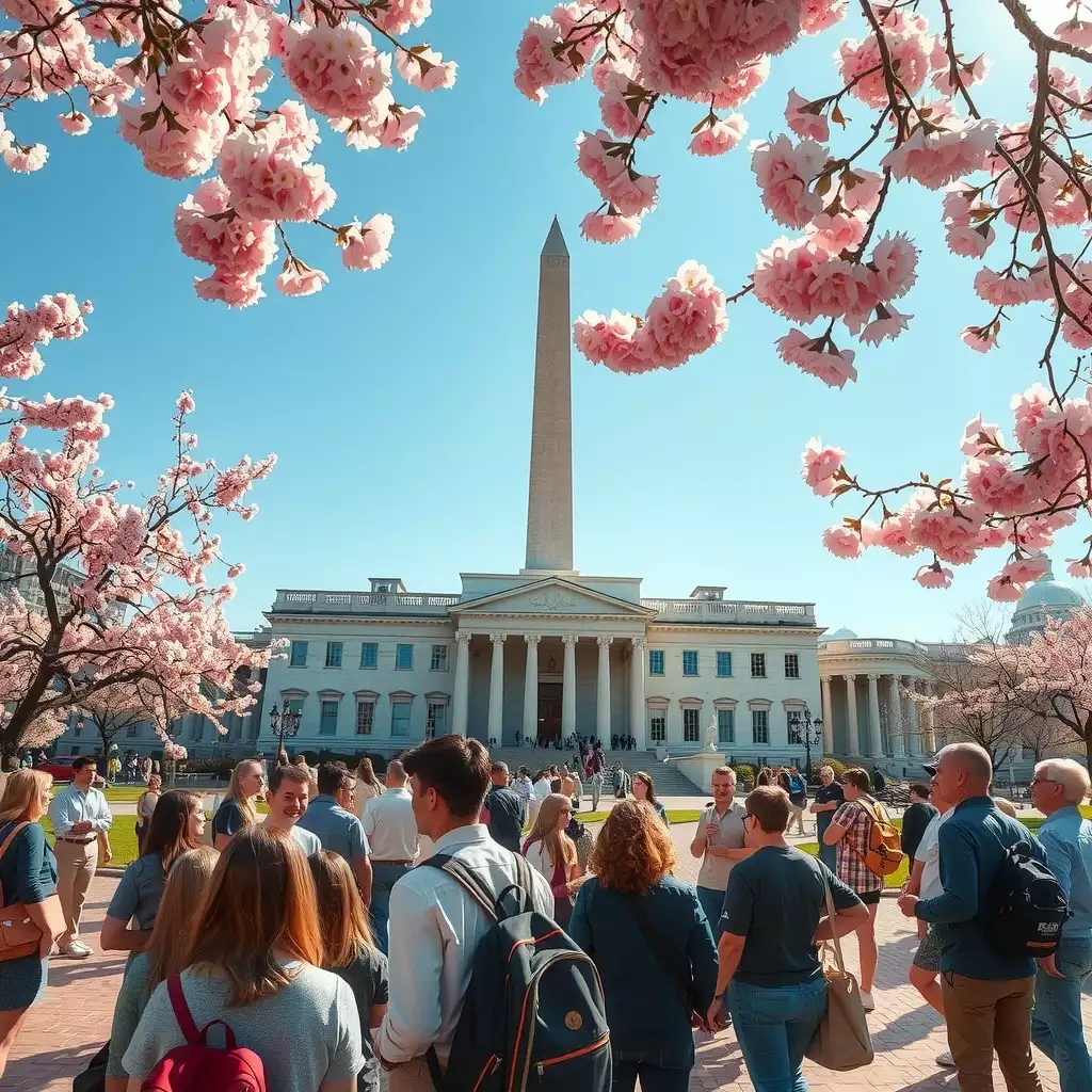 A diverse group of new staff members engages in orientation activities at a historic landmark in Washington, D.C., surrounded by cherry blossoms and the city's iconic architecture, conveying a sense of excitement and community.