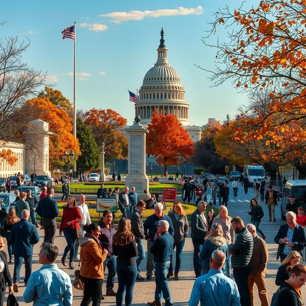 A bustling scene in Washington, D.C., featuring iconic landmarks surrounded by people engaged in discussions and collaborative activities, with autumn leaves adding vibrant colors to the atmosphere.