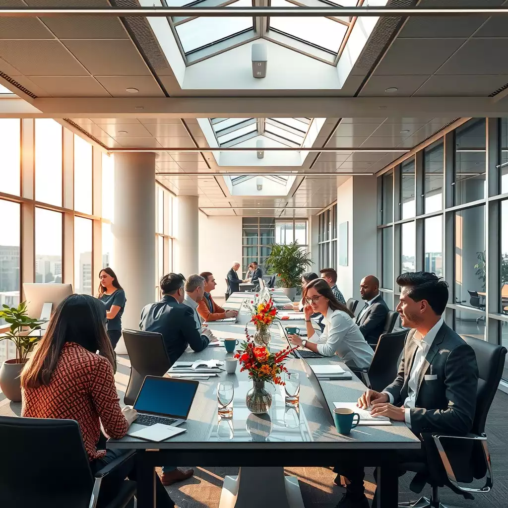 A vibrant office environment in Washington DC, featuring professionals engaged in discussions about quality metrics and data analysis, with modern architecture and collaborative workspaces reflecting a dynamic corporate atmosphere.