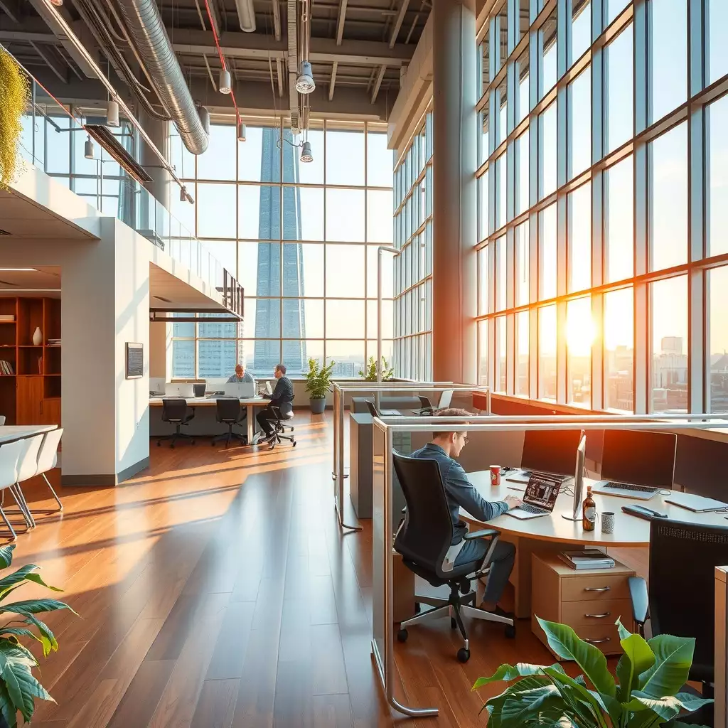 A modern office space in Washington DC, showcasing innovative designs, collaborative areas, and functional meeting rooms with vibrant colors and sharp details.