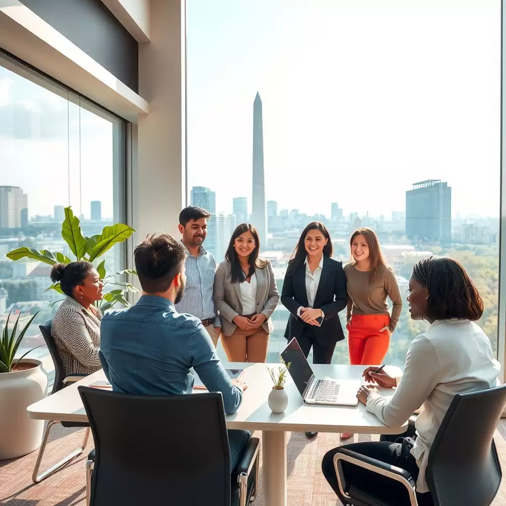 A diverse group of employees engaging in collaborative discussions within a modern office environment, featuring elements of Washington DC's skyline, symbolizing teamwork and leadership development.