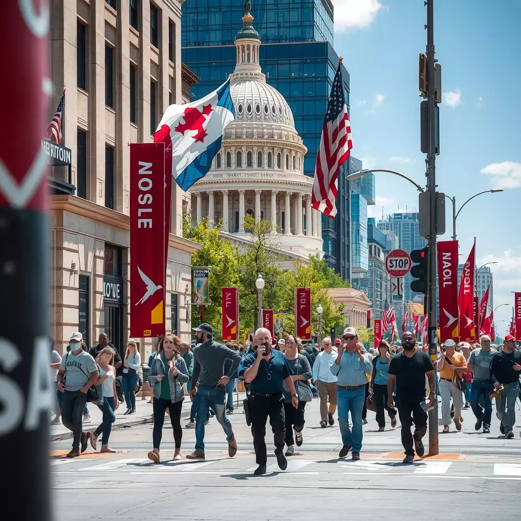 A vibrant street scene in Washington D.C., showcasing diverse citizens engaging with iconic landmarks, capturing the energy of urban life and civic participation.