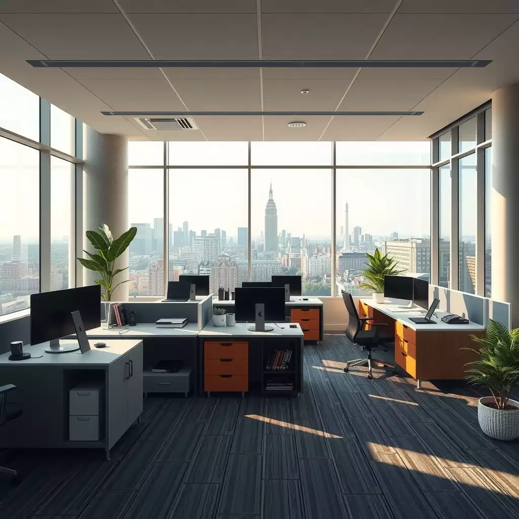 A modern office space designed for hybrid work, featuring collaborative workspaces, private areas, flexible furniture, and large windows with city skyline views.