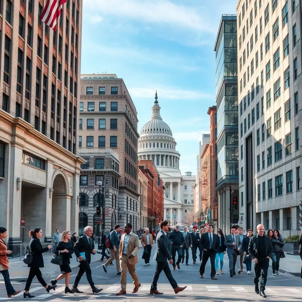A vibrant urban scene in Washington DC, featuring iconic government buildings, busy streets filled with professionals, and elements of collaboration among agency personnel, all reflecting the dynamic nature of civic engagement and structure.