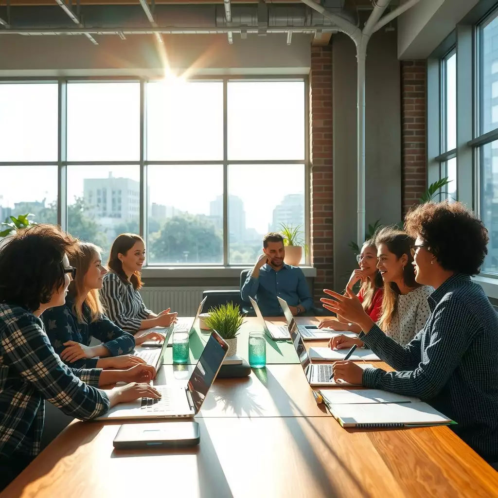 Diverse group of new employees engaging in an interactive onboarding workshop in a modern office setting, surrounded by contemporary decor and technology, showcasing collaboration and professionalism.