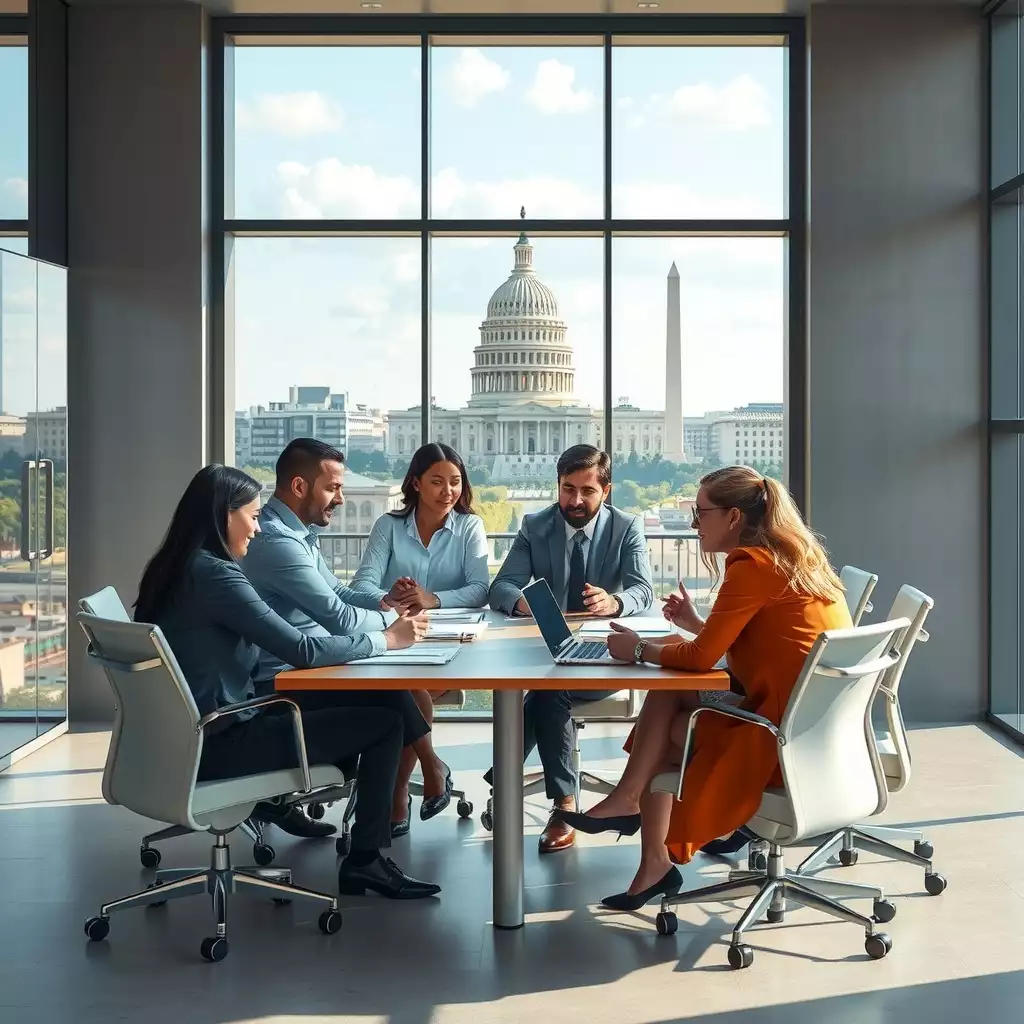 A diverse group of professionals collaborating in a modern conference room with large windows showcasing iconic Washington D.C. landmarks, surrounded by documents and digital devices.