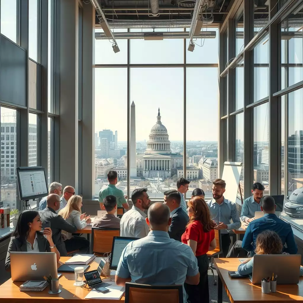 A diverse group of professionals collaborating in a vibrant Washington D.C. office, with iconic landmarks visible through large windows, showcasing teamwork and productivity.
