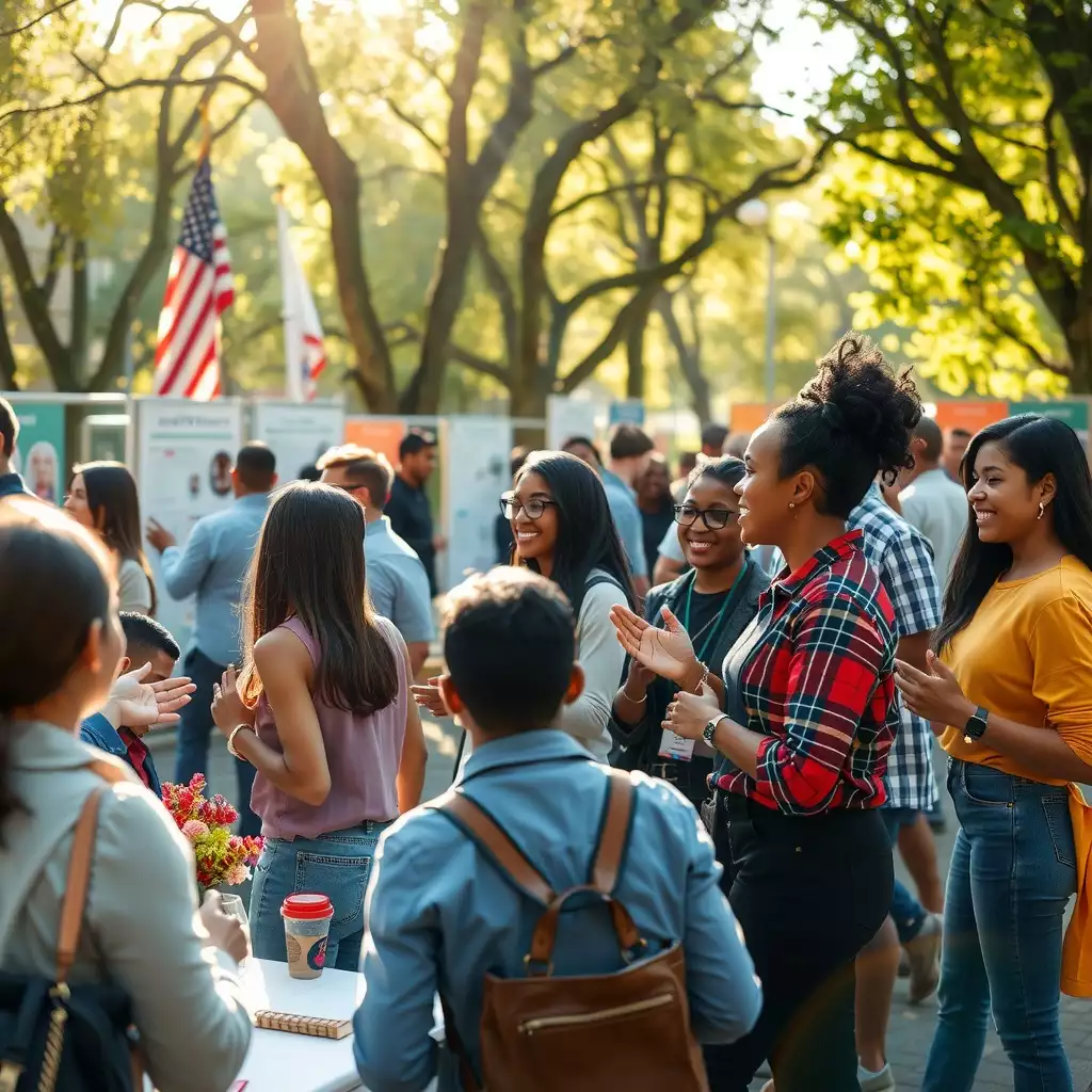 A vibrant scene of a diverse group of young professionals engaging at a community job fair, featuring informative booths and dynamic interactions between mentors and mentees, set in a lively park atmosphere.