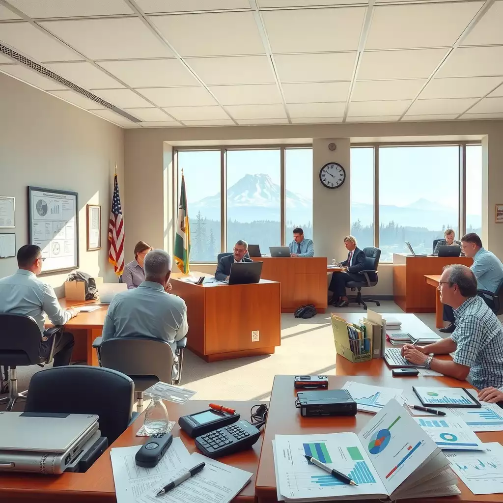 A bustling government office in Washington State, featuring state employees discussing budgets and tax implications, with charts and graphs on tables. Iconic elements of the landscape, such as Mount Rainier and pine trees, are visible through the windows, highlighting the connection between governance and finance.
